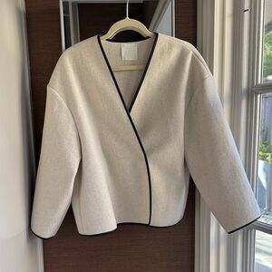 Oversized Wool Jacket with Black Leather Trim